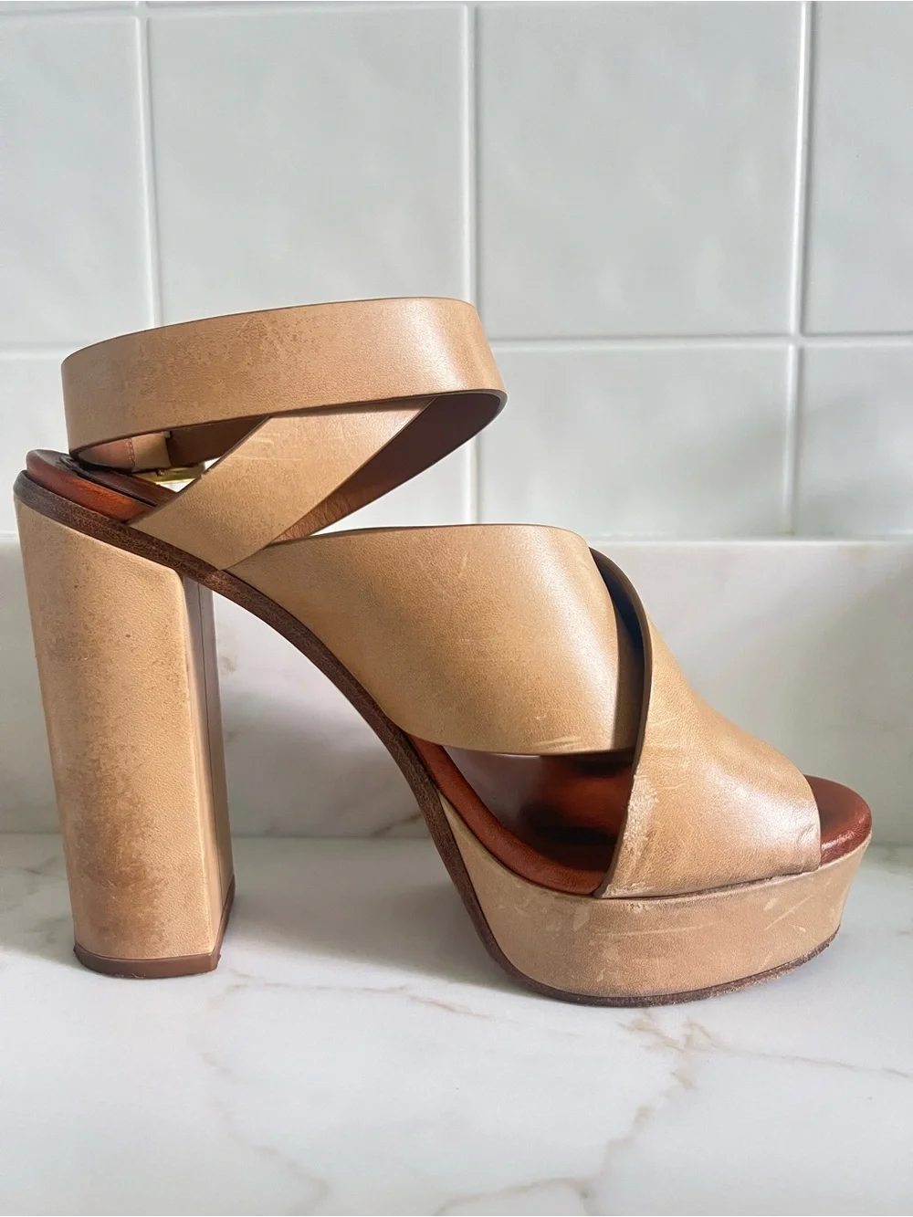 Authentic Chloe Tan Crossover Ankle Strap Platform Heels - Women’s 38.5
